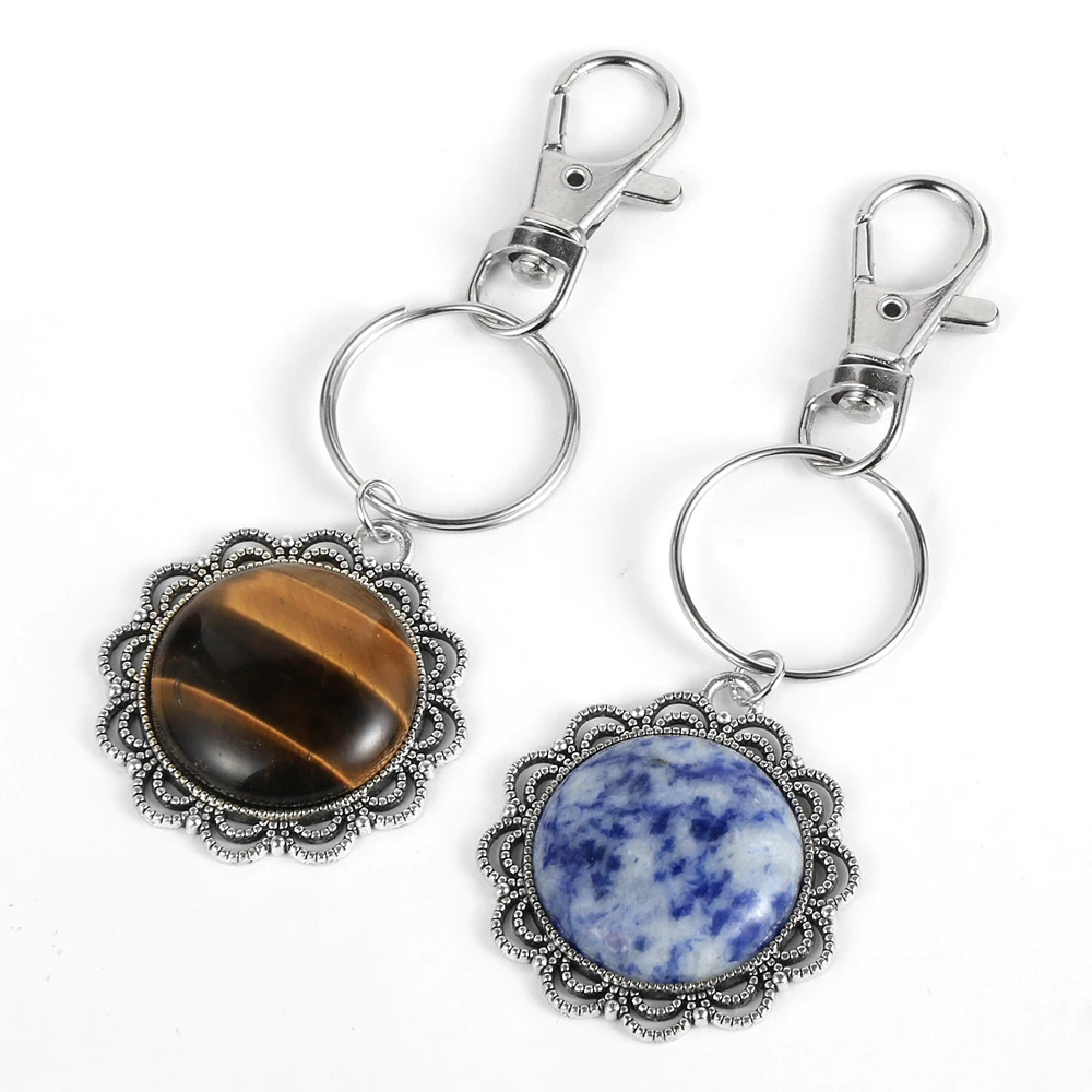

Vintage Silver Color Flower Statement Round Natural Stone Keychain Tiger Eye Stone Crystal Key Chains Men Women Birthday Gifts