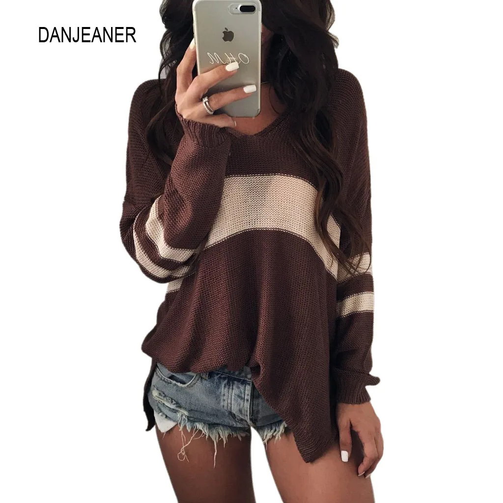 

DANJANER весенние тонкие пуловеры с длинным рукавом Женские сексуальные V-образный вырез полосатый вязаный свитер большого размера d повседнев...