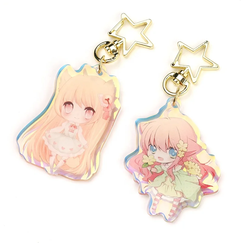 

6cm Holographic Custom Acrylic Keychain Rainbow Clear Acrylic Keyring Glitter Anime Figure Acrylic Charm Character Keyring