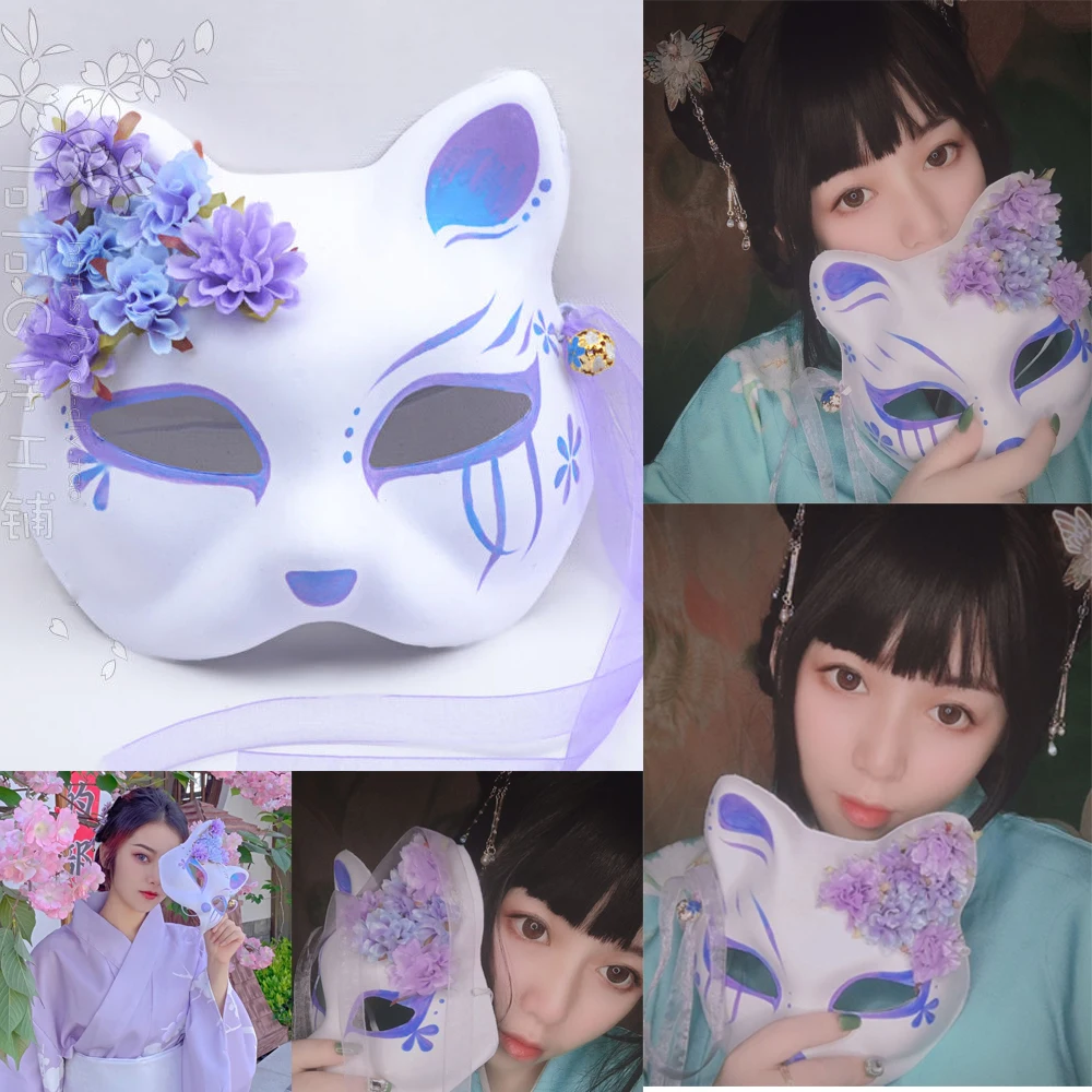 

Hand-painted Cat The nine-tailed Fox Mask Natsume's Book of Friends Pulp Half Face Halloween Cosplay Animal Party For Woman New