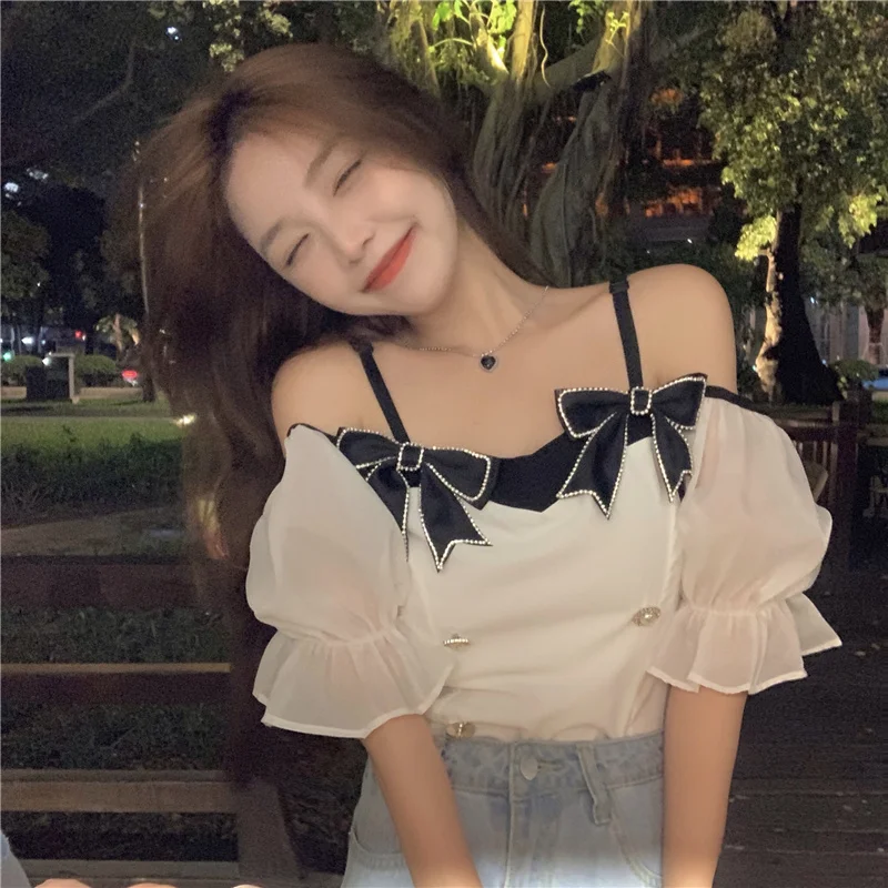 

Preppy Style Korean New Summer Women Blouse Shirt Vintage Slash Neck Sweet Bow Design Cute Ruffles Puff Sleeve Short Shirt