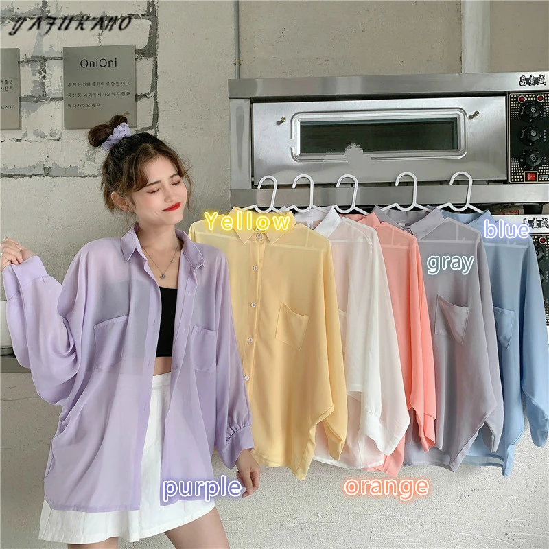 

Blouses Women Solid Colorful Summer Sun-proof Chiffon Breathable Thin Womens Korean Style All-match Loose Daily Outwear Shirts