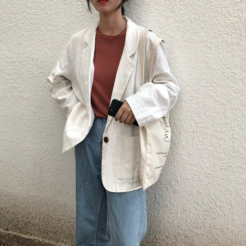 Женский льняной блейзер с длинным рукавом однотонный черный повседневный пиджак