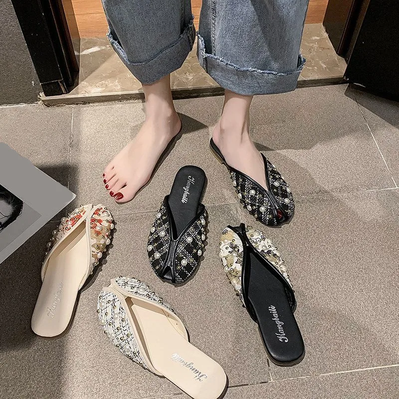 

Low String Bead Slippers Casual Shoes Slipers Women Slides Cover Toe Luxury 2021 Soft Flat PU Basic Fretwork Cover Toe String Be