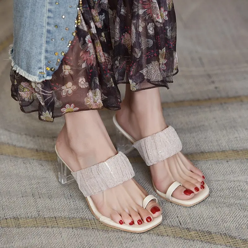 

2021 summer new outer wear a word with high-heeled slippers fairy wind sandals female lace transparent thick heel slippers Z888