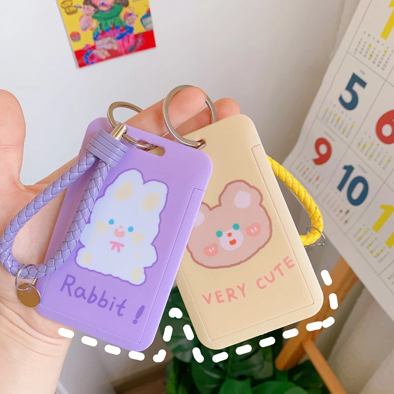 

Kawaii Girl Card Holder with Lether Lanyard Cartoon Bunny Bear Bank Identity Bus ID Card Holder Credit Cover Case Key Ring