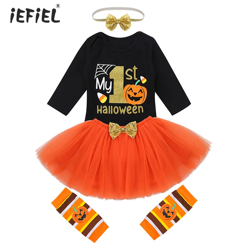 

Baby Girls My 1st Halloween Thanksgiving Outfits Long Sleeves Pumpkin Printed Romper with Tutu Skirt Headband Leg Warmers Sets