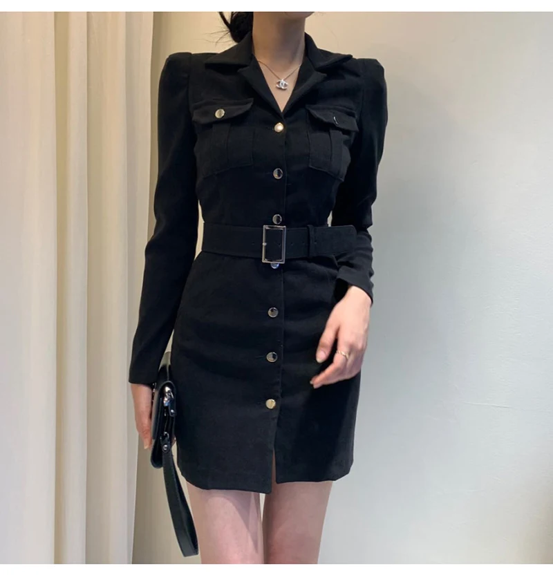 Trytree Autumn Winter Women Casual Dress Turn-down Collar Single Breasted Pockets Belt 5 Colour Slim fit Fashion Mini Dress