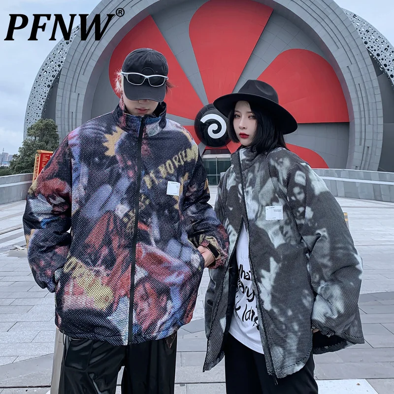 

PFNW Winter Hip Hop Parka Jacket New Streetwear Funny Printed Jacket Harajuku Cotton Padded Coat Warm Thick Couple Clothes X1074