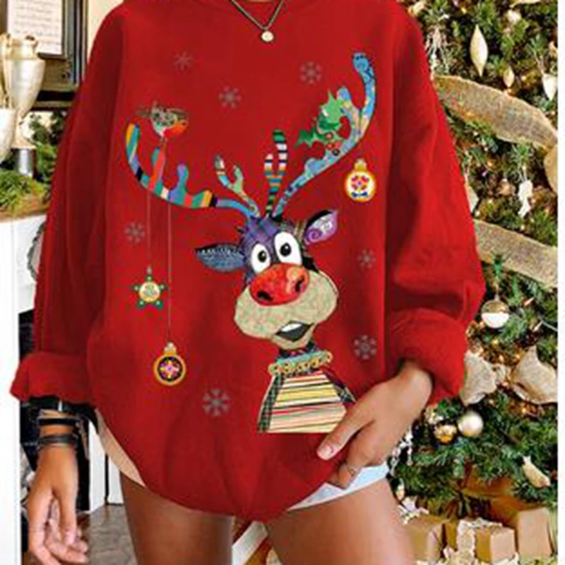 

Christmas Ladies Fleece-lined Hoodie Women Leisure Style Creative Elk Printing Round Collar Long Sleeve Tops Loose Base Pullover
