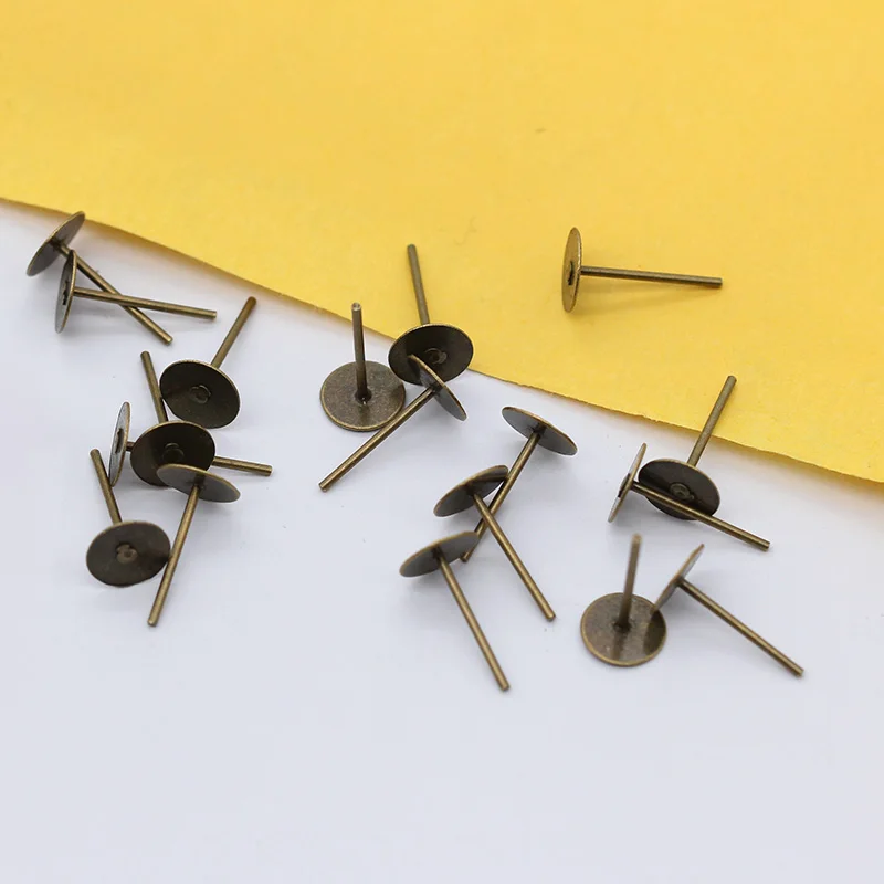 antique bronze 100p уха ювелирных изделий серьги стержня столба плоский круглый лоток для 4/5/6/8/10 мм кабошон-Камея клеевой, покрыто золотом, серебром, шпильки - Цвет: antique bronze