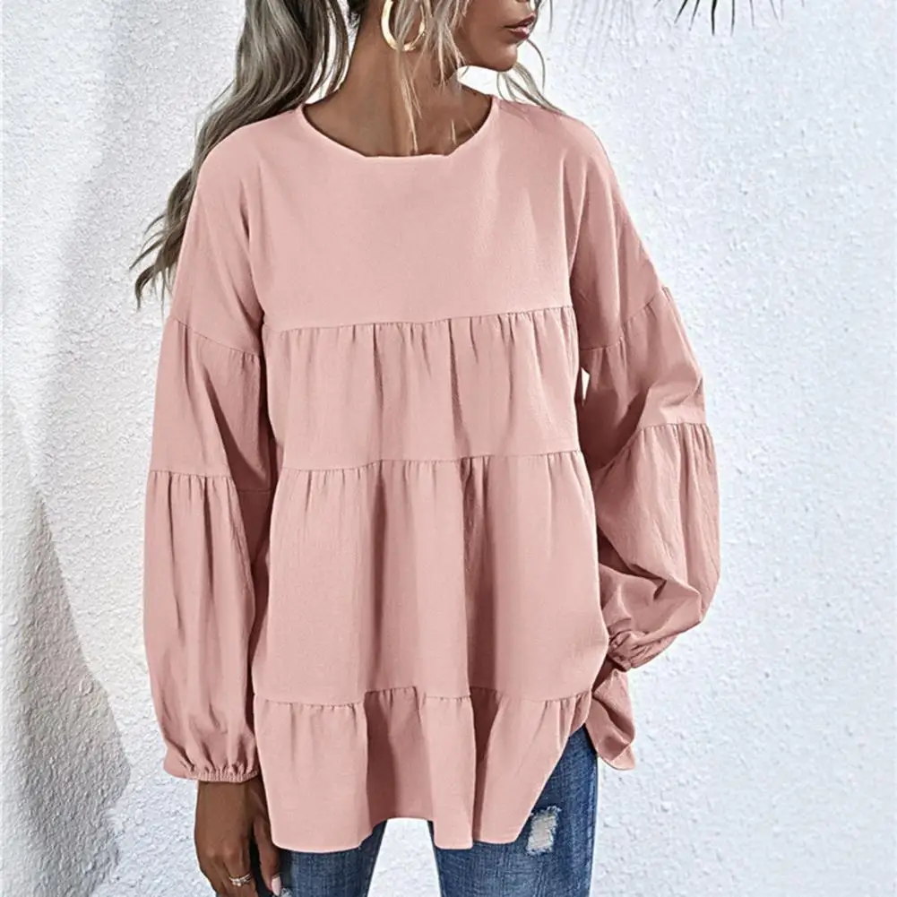 

Ruffle Vintage Blouses Women's Casual Long Lantern Sleeve Solid Color Shirts O-neck Pullover Tops Blusas Mujer De Moda 2021