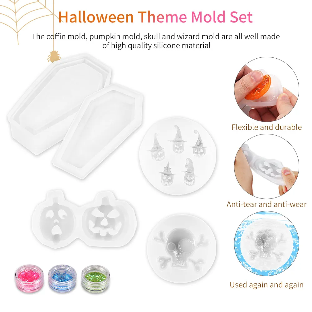 

DIY Craft Toy Coffin Silicone Pumpkin Skull Wizard Mold Halloween Theme Mold Set With Shining Sequins Festival Party Decoration