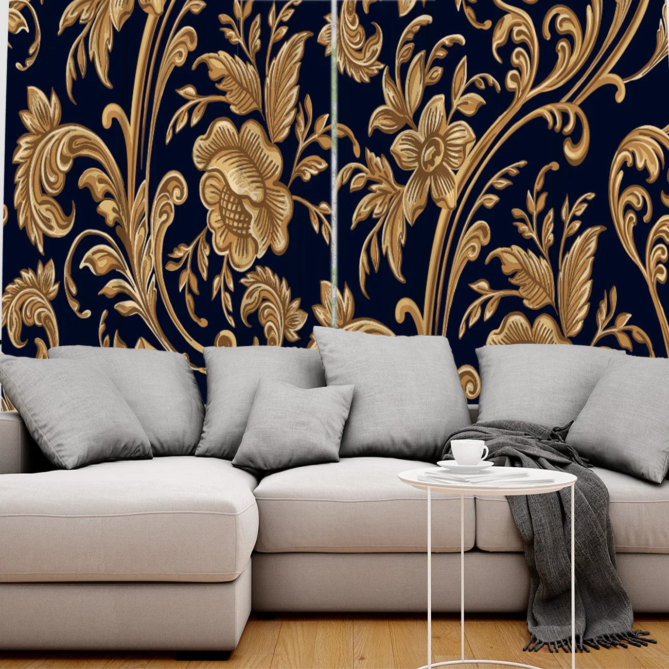 Великолепные оконные занавески в стиле барокко с золотыми цветами и листьями