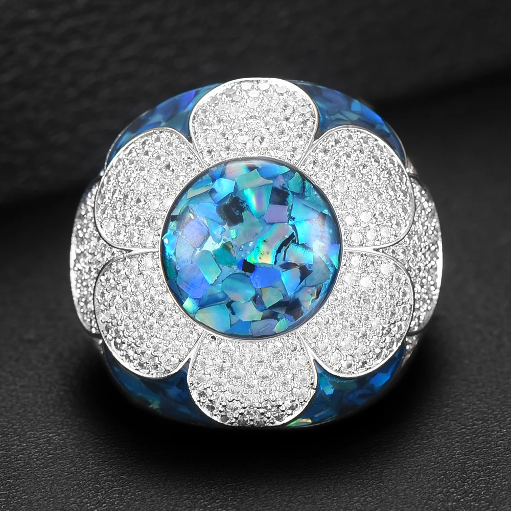 

GODKI NEW Trendy Blue Shell Flower Ring for Women Wedding Cubic Zircon Finger Rings Beads Charm Ring Bohemian Beach Jewelry Gift