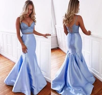 2 pieces light sky blue lace prom dress sexy hollow back mermaid floor length long evening gown 2020 fashion custom prom dresses