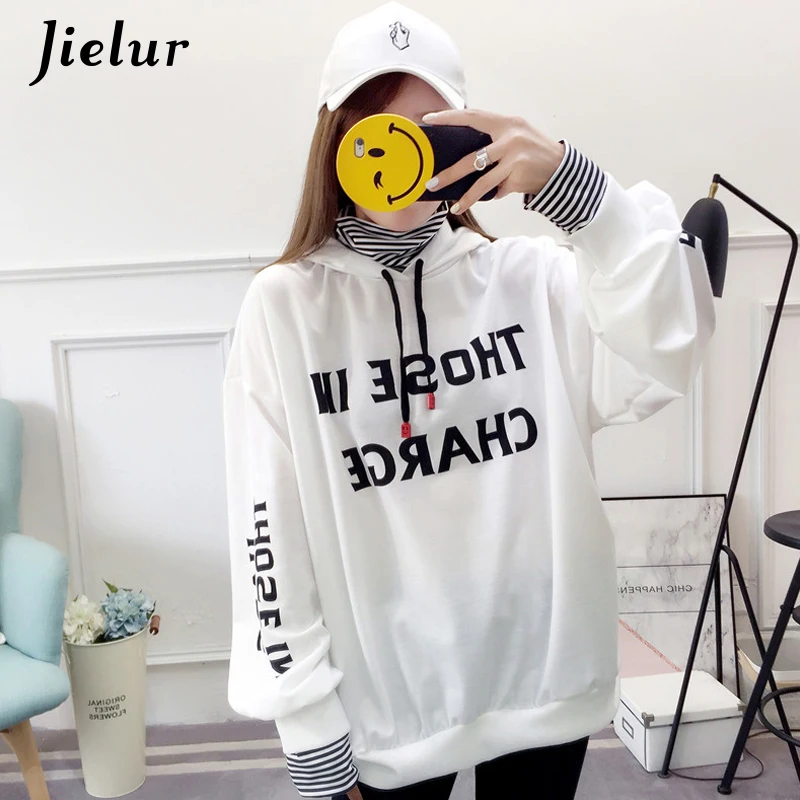 Jielur поддельные две части осенние женские толстовки с буквенным принтом в полоску