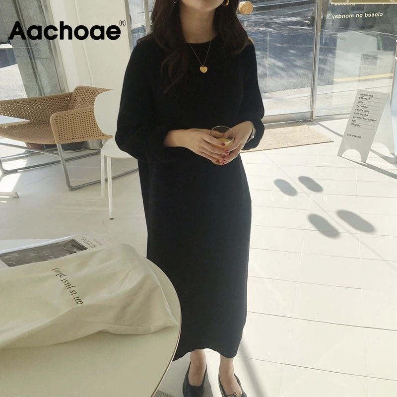 Платье Aachoae женское длинное трикотажное с круглым вырезом однотонное