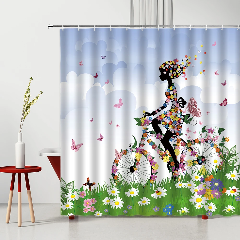

3D Retro Bicycle Shower Curtain Old Fashion Wood Grain Flower Printed Bathroom Decor Polyester Washable Fabric Bath Cloth Curtai