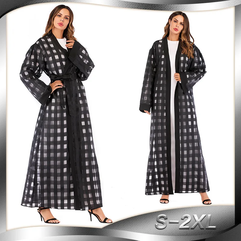 

BianFeng Women's Muslim Plaid Abaya Loose Long-Sleeved Lace up Robe Color Black