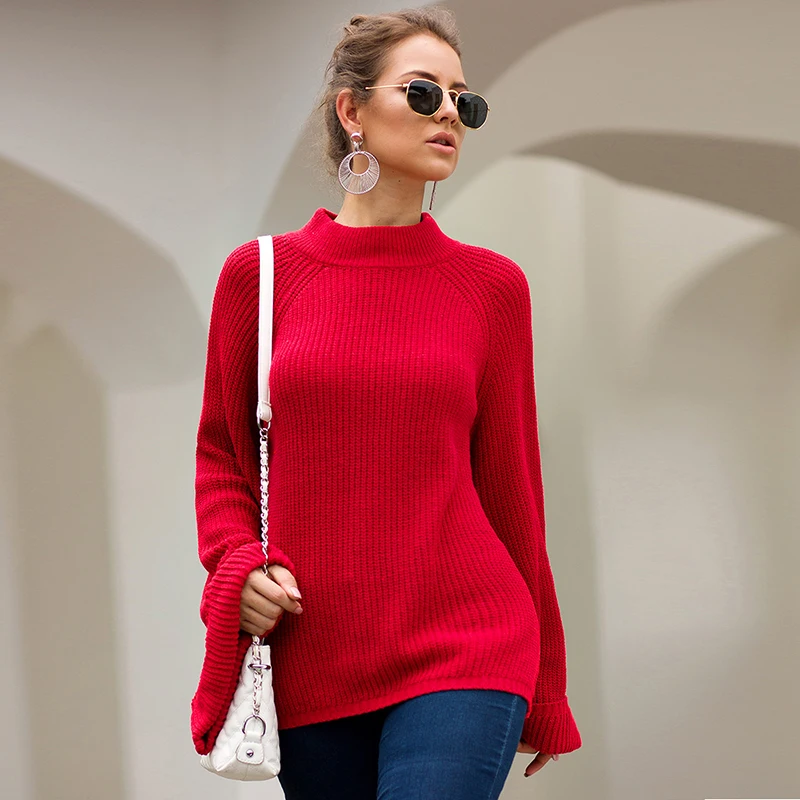 TWOTWINSTYLE однотонный Свободный вязаный женский свитер водолазка с расклешенными рукавами пуловеры негабаритные свитера женские осень