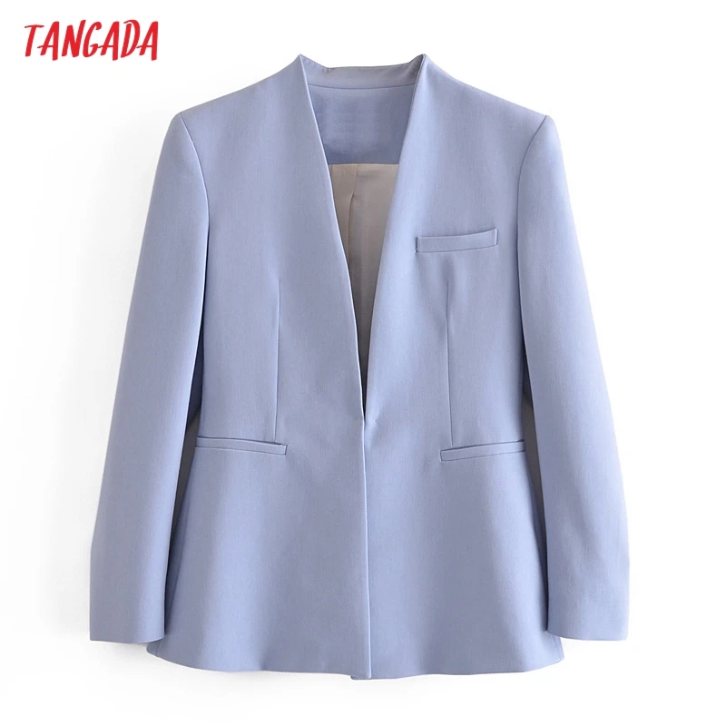 

Женский однотонный синий Блейзер Tangada, винтажный Модный повседневный шикарный пиджак с карманами, QN164, 2021