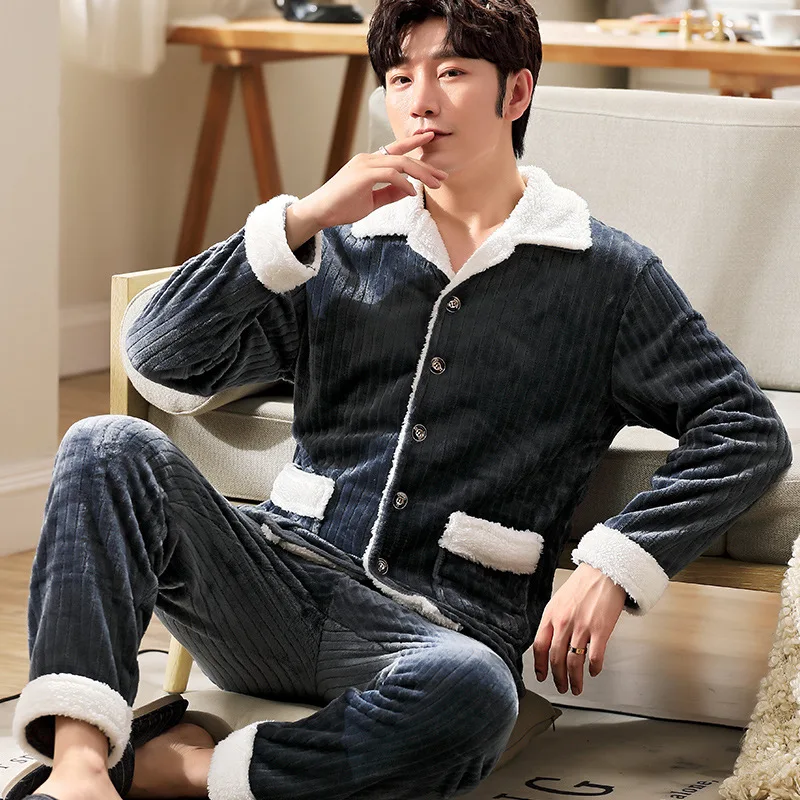 Фото Повседневная мужская одежда для сна зимняя фланелевая ночная рубашка пижама