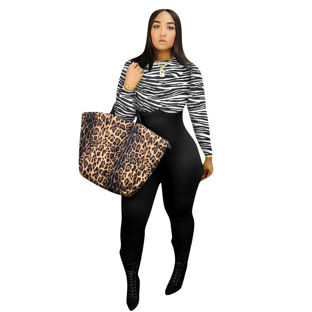 

Plus Size Lady's Sexy Clubwear Leopard Printing Jumpsuits Women O-neck Full Sleeve Skinny Rompers 2020 Autumn New Arrivals