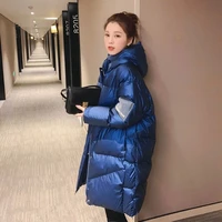 winter women midi length coat thicken warm solid color hooded parkas cotton padded jacket glossy fashion casual female outerwear