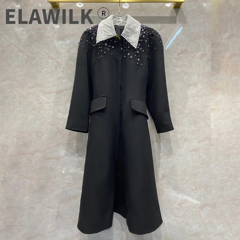 

Женское шерстяное платье, черное элегантное платье с бриллиантами, Осень-зима, C763