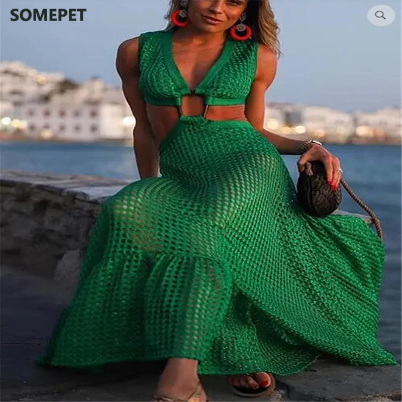 

Women Plus Size 3XL Grid Swing Dresses Sexy Fishnet Low Neck Metal Twist Bandage Cut-out Waist Back Zip Long Dress