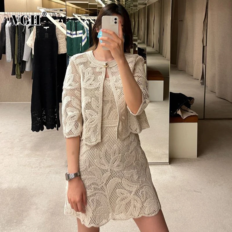 

Женский Повседневный комплект из двух предметов VGH, свободное однотонное кружевное платье-мини с круглым вырезом и коротким рукавом, осенни...