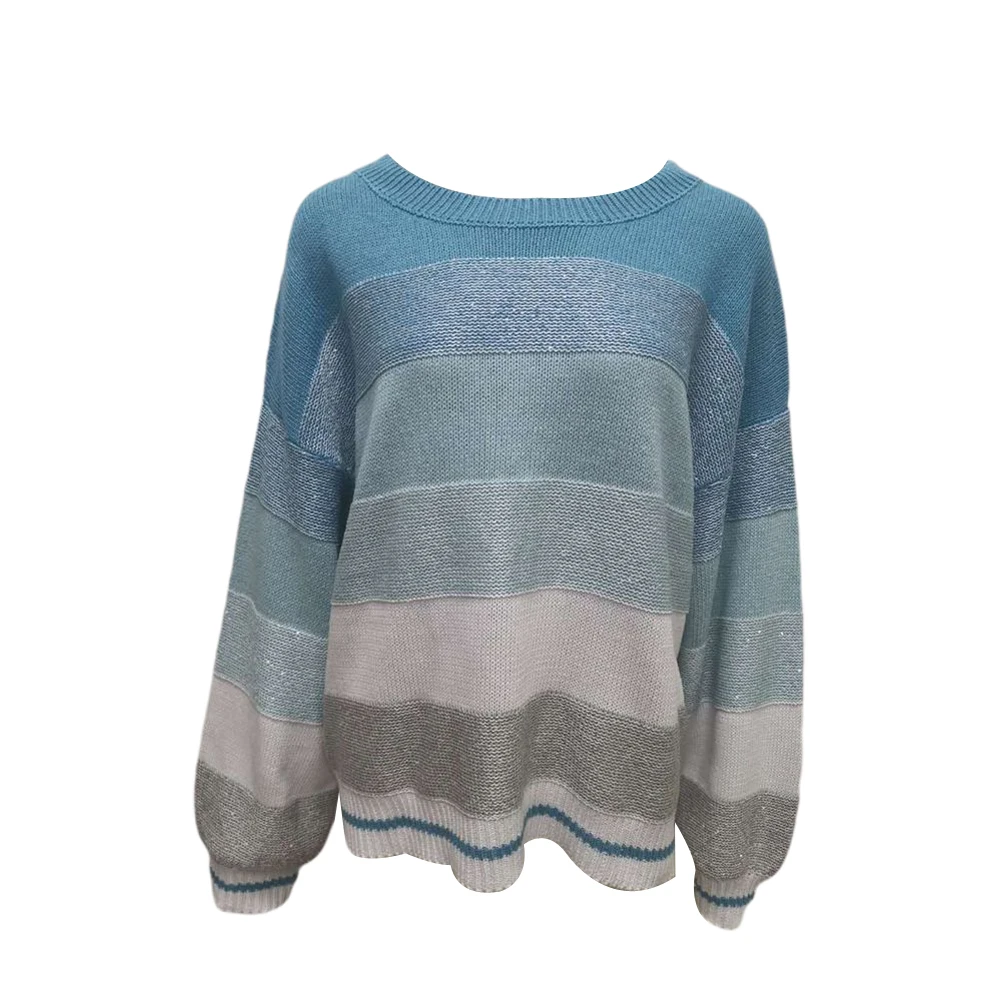 

Women Autumn Outwear Sweater Multicolor Wide-Stripes Thread O-Neck Long-Sleeves Pullover Sweater