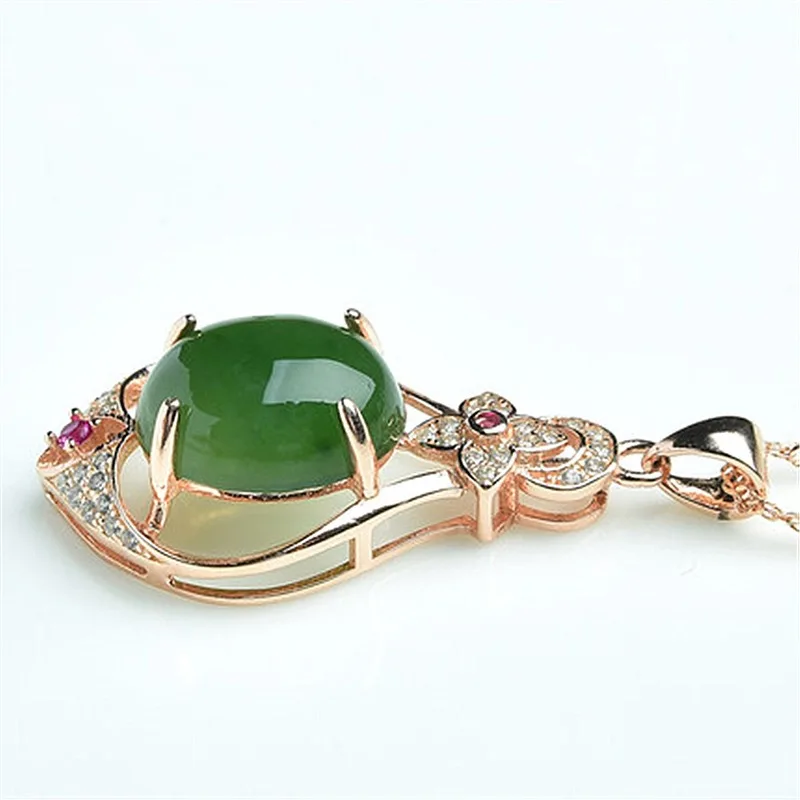 Овальный Кулон из натурального зеленого нефрита с халцедоном ожерелье серебра 925