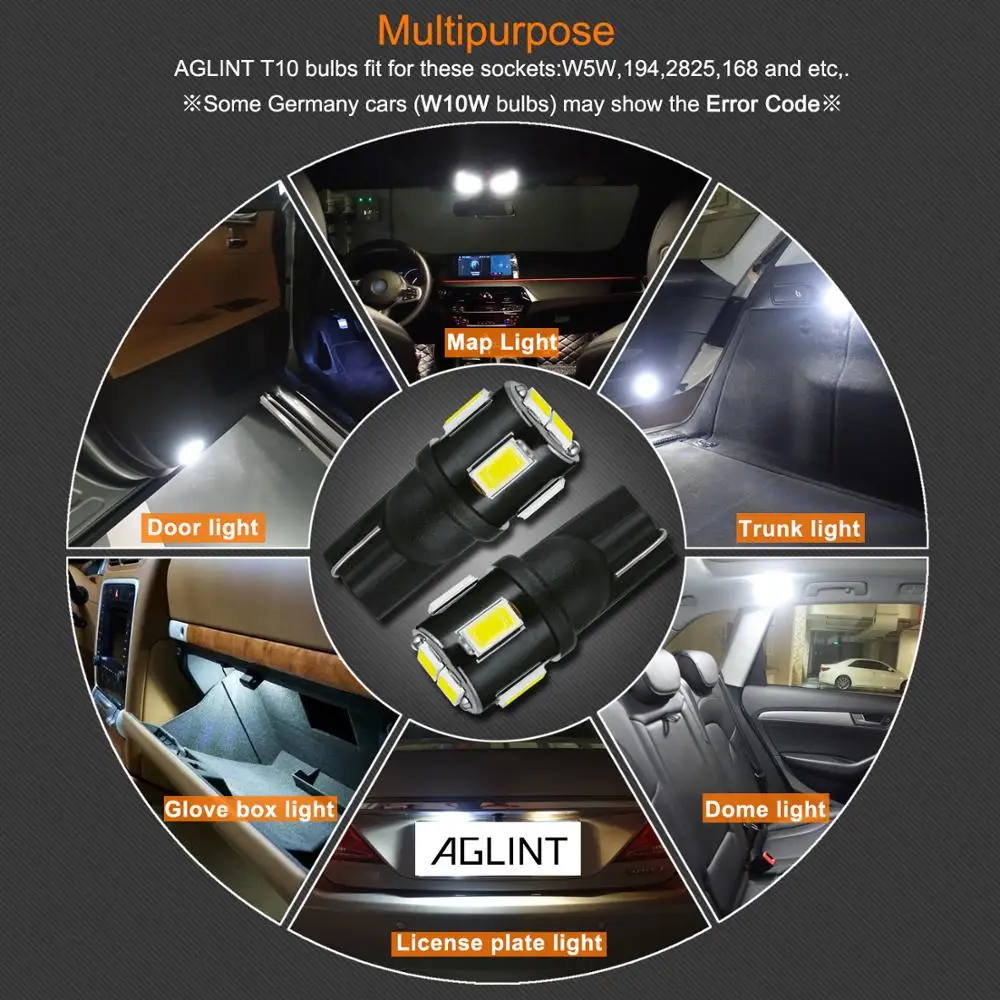 

AGLINT 8PCS T10 5630 SMD W5W 194 168 LED lamp Extremely Bright For Interior Light Dome Reading Map Side Marker Lamp White 12V