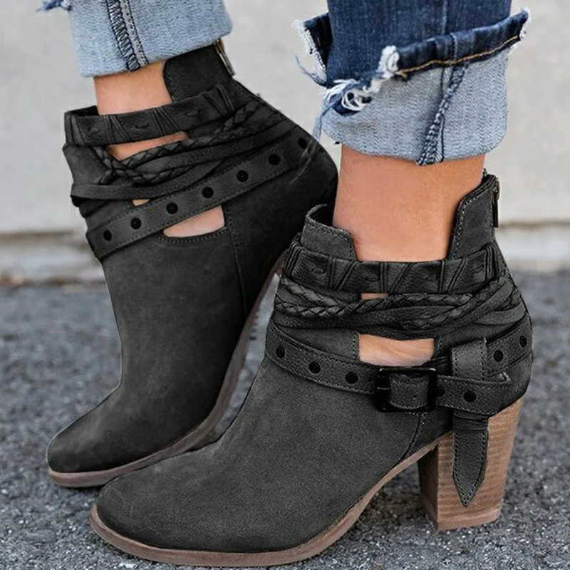 

Fashion Women Boots Spring Autumn High Heels Shoes For Female Rivet Buckle Daily Shoes Martin Short Boots PU Leather Ankle Boots