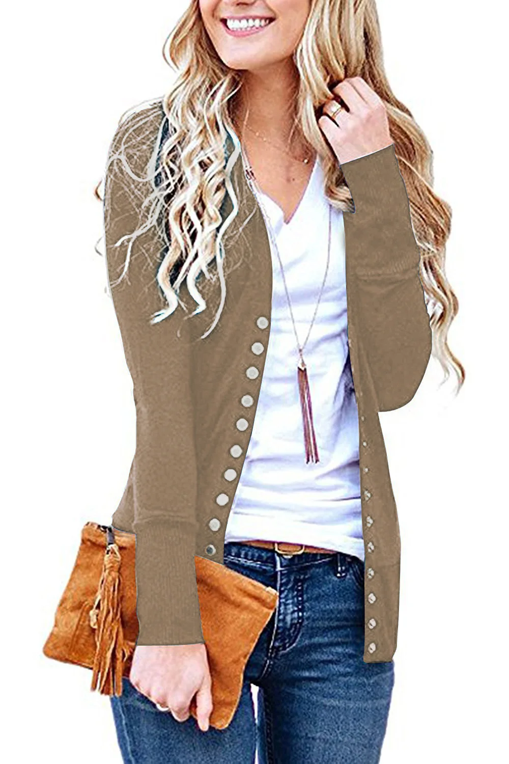 

Donsignet Women's Sweater New Fashion Spring and Autumn V-neck Cardigan Solid Color Buttoned Knitted Long Sleeve Sweater