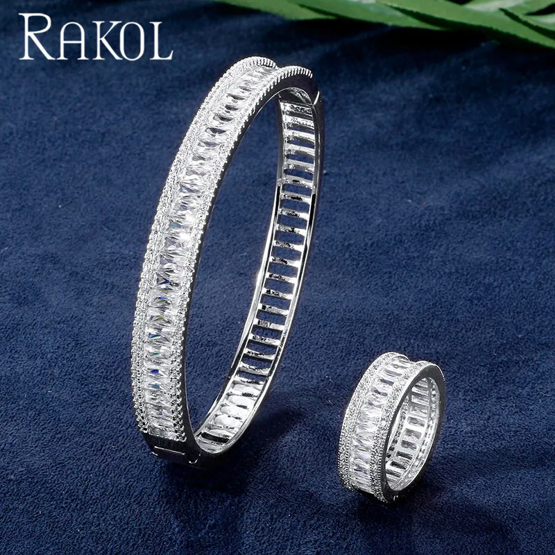 Роскошный браслет и кольца RAKOL с гладким кубическим цирконием комплект ювелирных