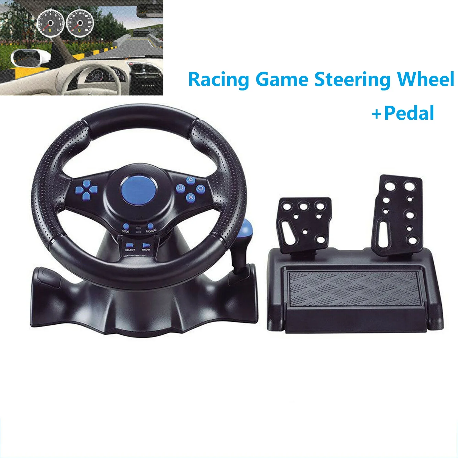 

180 Degree Car Racing Gaming Steering Wheel Pedal for One PC Black