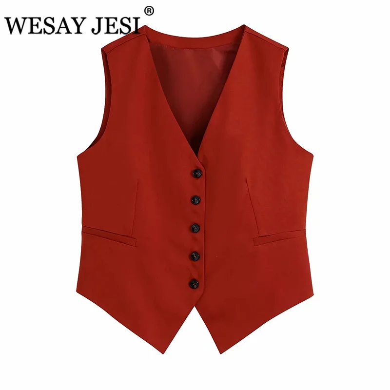 WESAY JESI Women Vest TRAF ZA Fashion V-Neck Jackets Sleeveless Button Down Classic Cardigan  Solid Color Waistcoat Overcoat