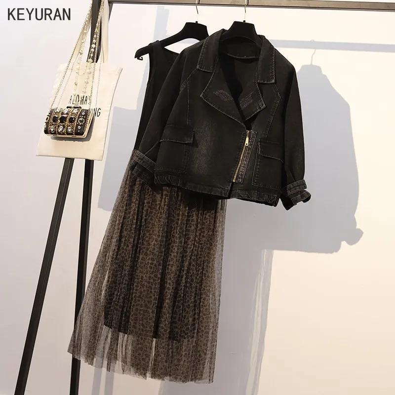 Женская черная джинсовая куртка и сексуальное Сетчатое платье модель 2020 года