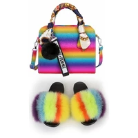 women shoes furry slides and purse real fox fur rainbow sandles with matching purses fluffy slippers for woman with bag match