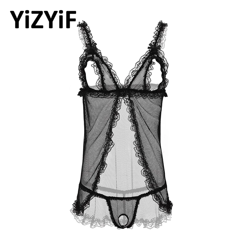 

Прозрачный в крупную сетку комплект нижнего белья для мужчин Sissy, прозрачная в крупную сетку, сексуальное ночное белье, открытые чашечки, то...