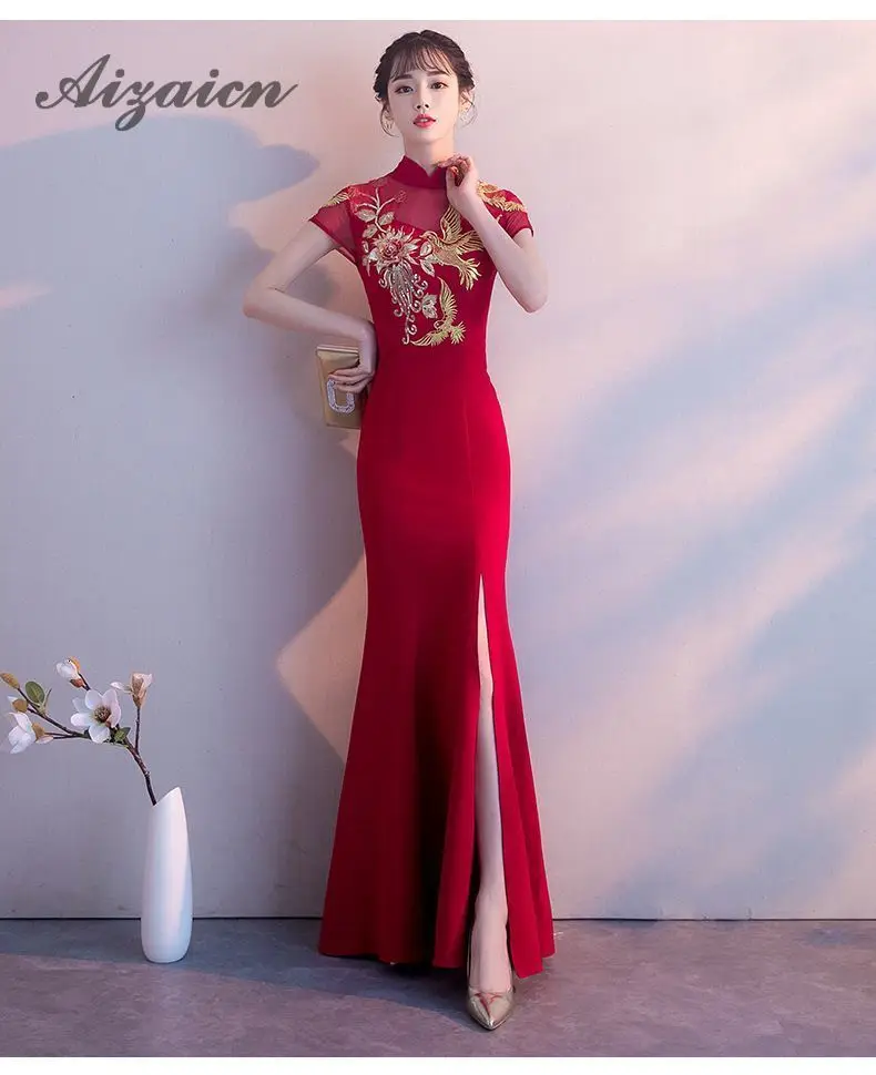 Вышивка Cheongsam длинное традиционное китайское винтажное платье красное свадебное платье Русалка сексуальное платье Ципао с разрезом Современные платья