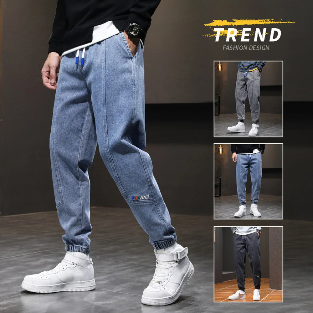 Autumn Jeans Men's Loose-fitting Harem Denim Pants Plus Fat Plus Size Trendy Casual Straight Nine Points Pants Streetwear Gray