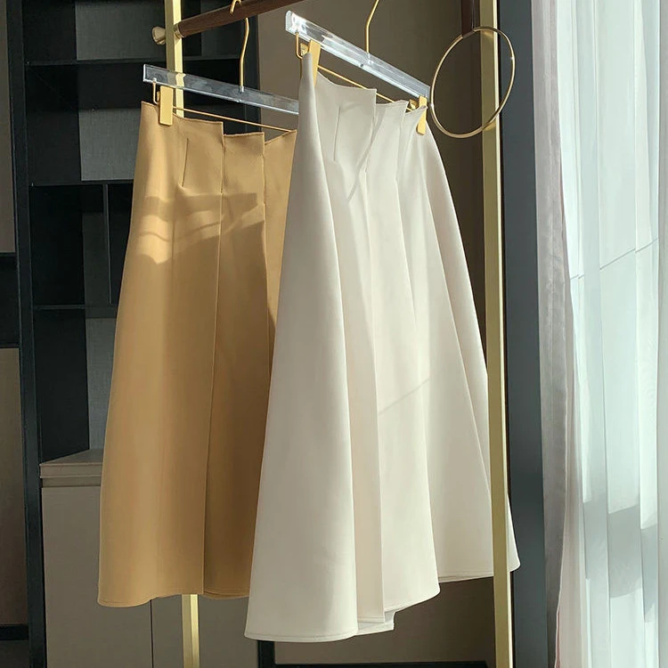 

2021 summer new design high waist skirt female high-level sense of pleated a-line thin mid-length pleated skirt Ruffles