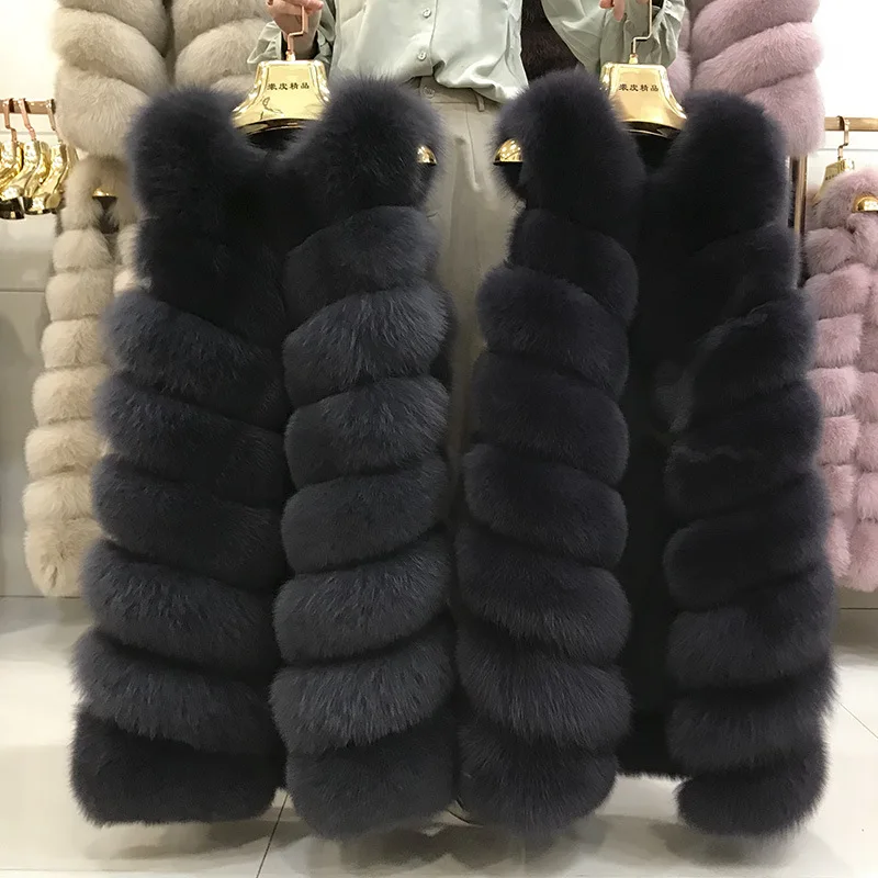 Office Lady Full Pelt Real Fur Vest Women Winter Sleeveless Coats Fox Fur Overcoats Long Black Female Fur Vest Winter Clothes