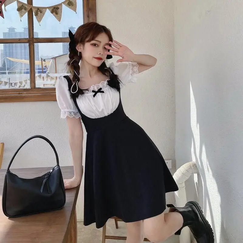 

Sweet Dress Women Summer Puff Sleeve Square Collar Cute Bowknot Short Sleeve Lace Trim Kawaii Dress Fake Two Pieces Patchwork
