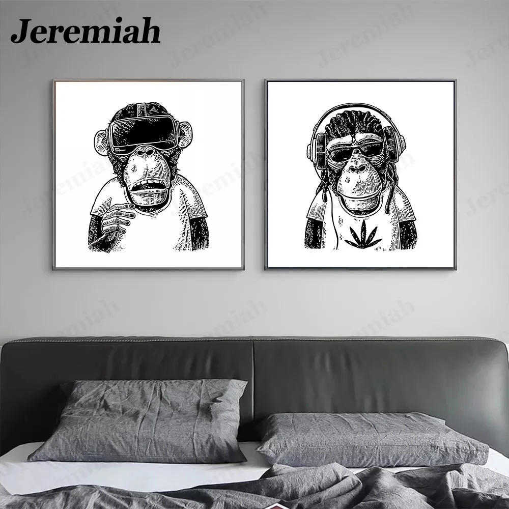 

Modern Black and White Animal Poster Funny Monkey with Headphones Canvas Painting Print Living Room Decoration