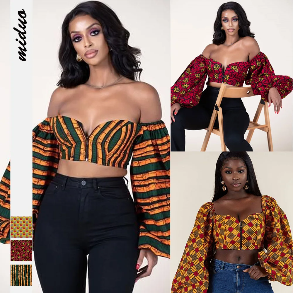 

Женский укороченный топ с открытыми плечами, длинными рукавами-фонариками и африканским принтом, Сексуальная Блузка Дашики, Анкара, Клубна...